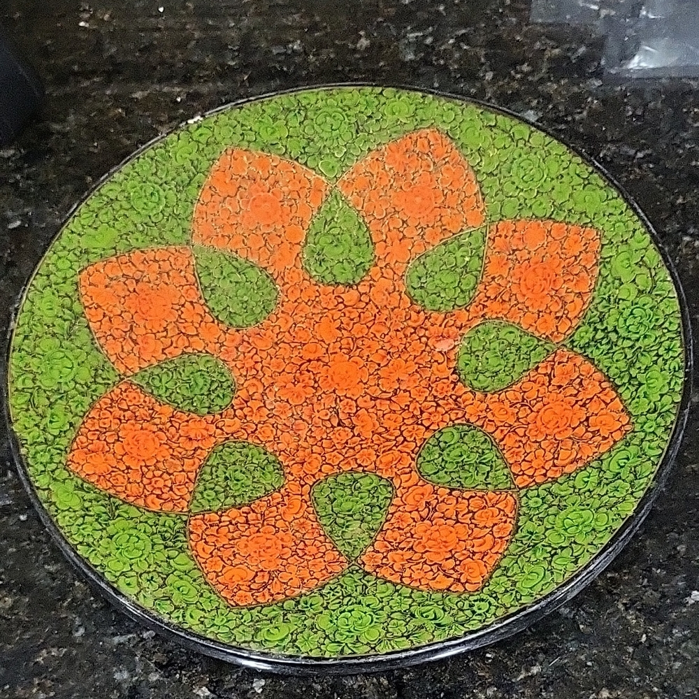 Vintage Vibrant Orange and Green Decorative Wooden Plate